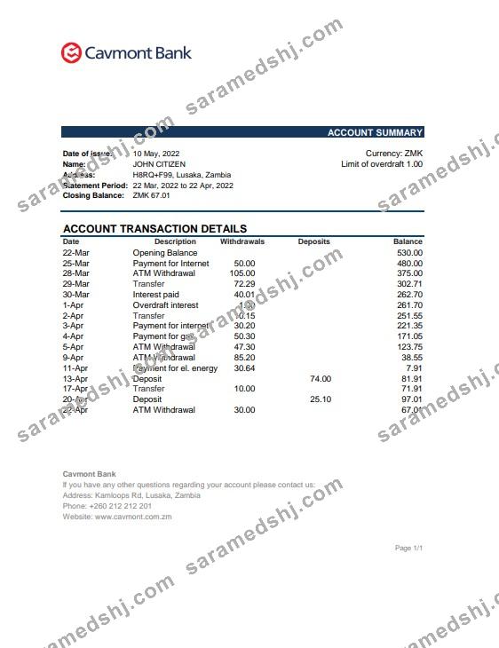 Zambia Cavmont bank statement, Excel and PDF template